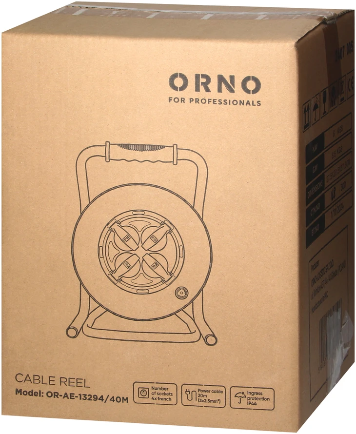 Orno Przedłużacz Profesionalus IP44 prailginimo laido ritė, 4 lizdai 2P+Z, alyvai atsparus guminis kabelis, H07RN-F 3x2,5mm², ilgis 40m, unikalus CUBE stovas, FIKSUOTI LIZDAI, šiluminė perkrovos apsauga, srovės kelio sklendės.