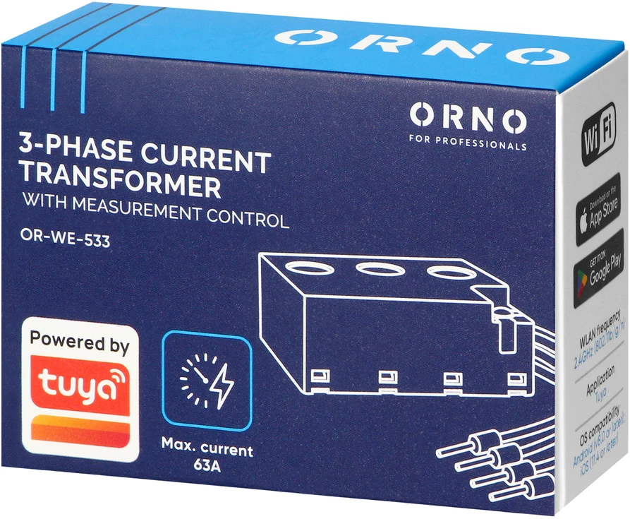 Orno Przekładnik Trifazis srovės transformatorius su matavimo įrašymu, maks. 440 V / 63 A, „Tuya Smart Wi-Fi“