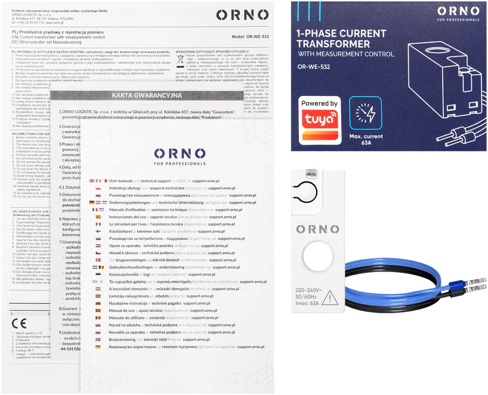 Orno Przekładnik Vienfazis srovės transformatorius su matavimo įrašymu, maks. 250 V / 63 A, „Tuya Smart Wi-Fi“