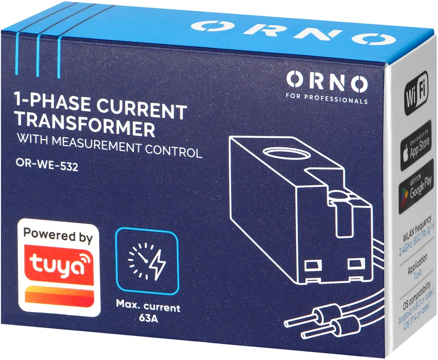 Orno Przekładnik Vienfazis srovės transformatorius su matavimo įrašymu, maks. 250 V / 63 A, „Tuya Smart Wi-Fi“