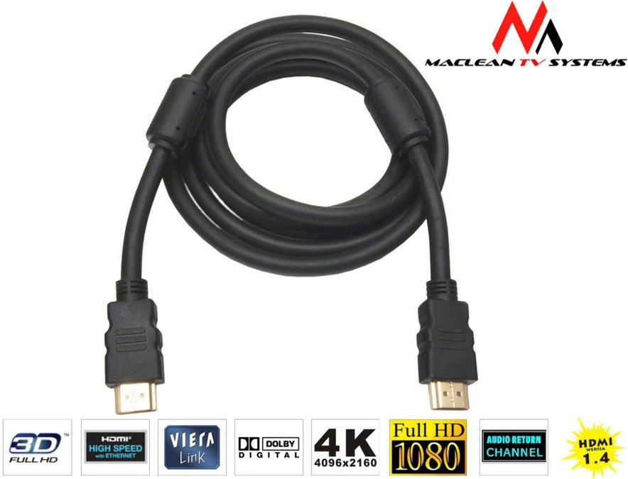 Przewód, HDMI-HDMI v1.4 „Maclean“ kabelis, auksinis eterneto kabelis, 30AWG, 1,8 m, MCTV-524