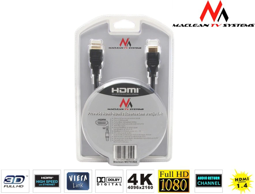 Przewód, HDMI-HDMI v1.4 „Maclean“ kabelis, auksinis eterneto kabelis, 30AWG, 1,8 m, MCTV-524