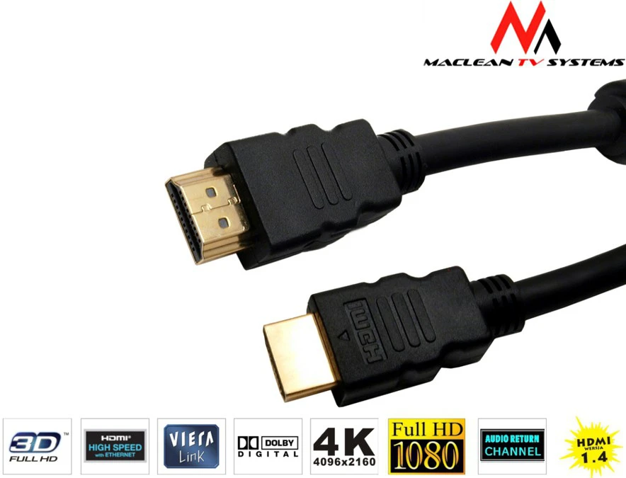 Przewód, HDMI-HDMI v1.4 „Maclean“ kabelis, auksinis eterneto kabelis, 30AWG, 1,8 m, MCTV-524