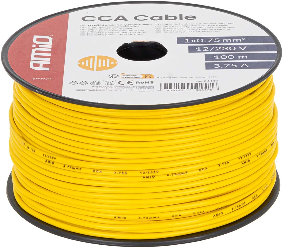 Viengyslis CCA kabelis, geltonas, 1x0.75mm² 100m 3.75A 12/230V AMIO-04447