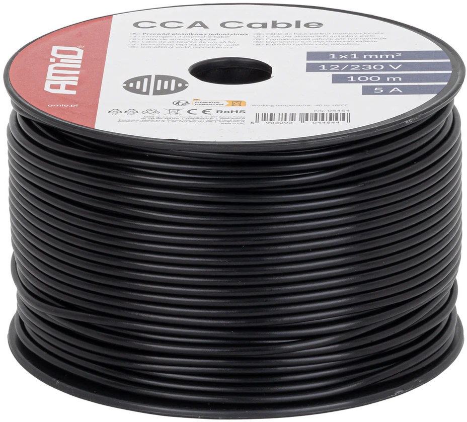 Viengyslis CCA kabelis, juodas, 1x1mm² 100m 5A 12/230V AMIO-04454