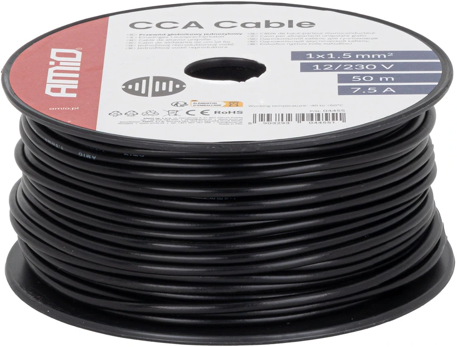 Viengyslis CCA kabelis, juodas, 1x1.5mm² 50m 7.5A 12/230V AMIO-04455