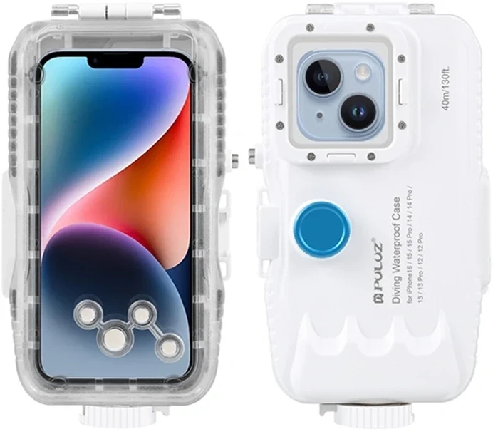 Puluz vandeniui atsparus iPhone dėklas (40 m) su vienkrypčiu vožtuvu (baltas)