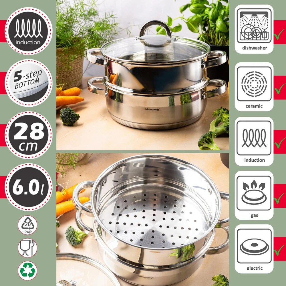 Puodas na parę stal, komplektas 3 elementy śr.28cm - 6.0l klausberg
