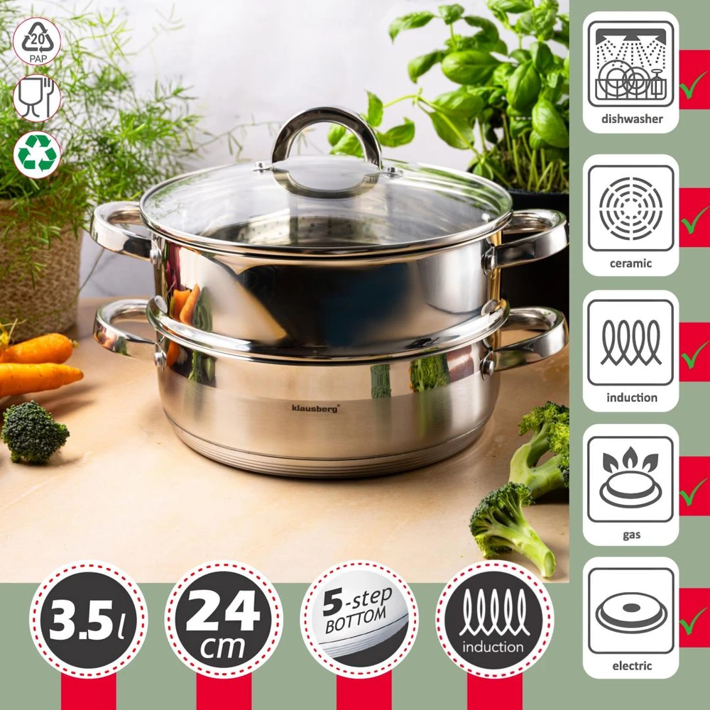 Puodas na parę stal, komplektas 3 elementy śr.24cm - 3.5l klausberg
