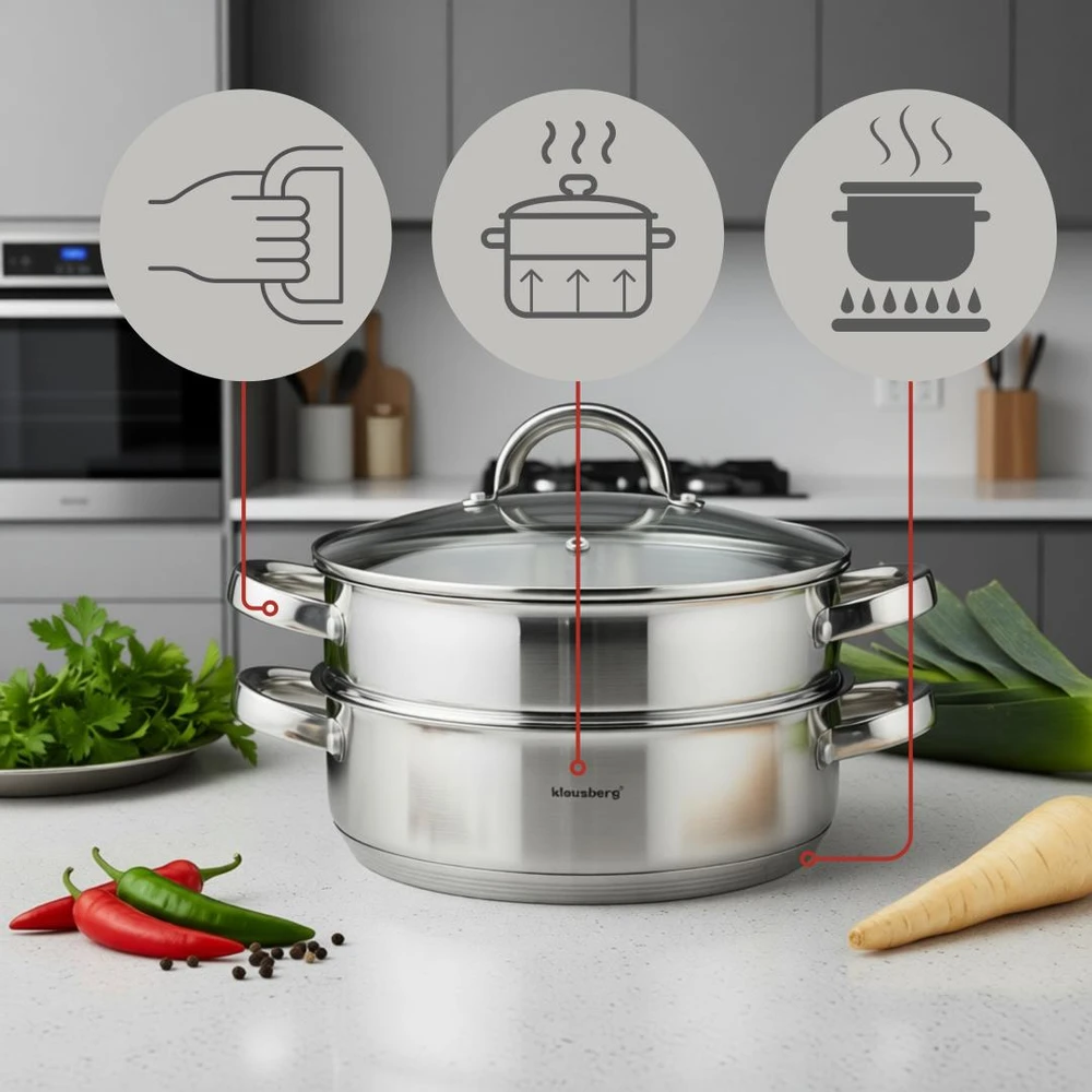 Puodas na parę stal, komplektas 3 elementy śr.26cm - 4.6l klausberg
