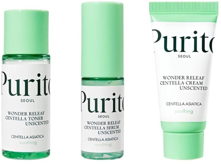 Purito Seoul PURITO dovanų rinkinys bekvapėms odos priežiūros priemonėms „Wonder Releaf Centella Unscented Mini Kit“