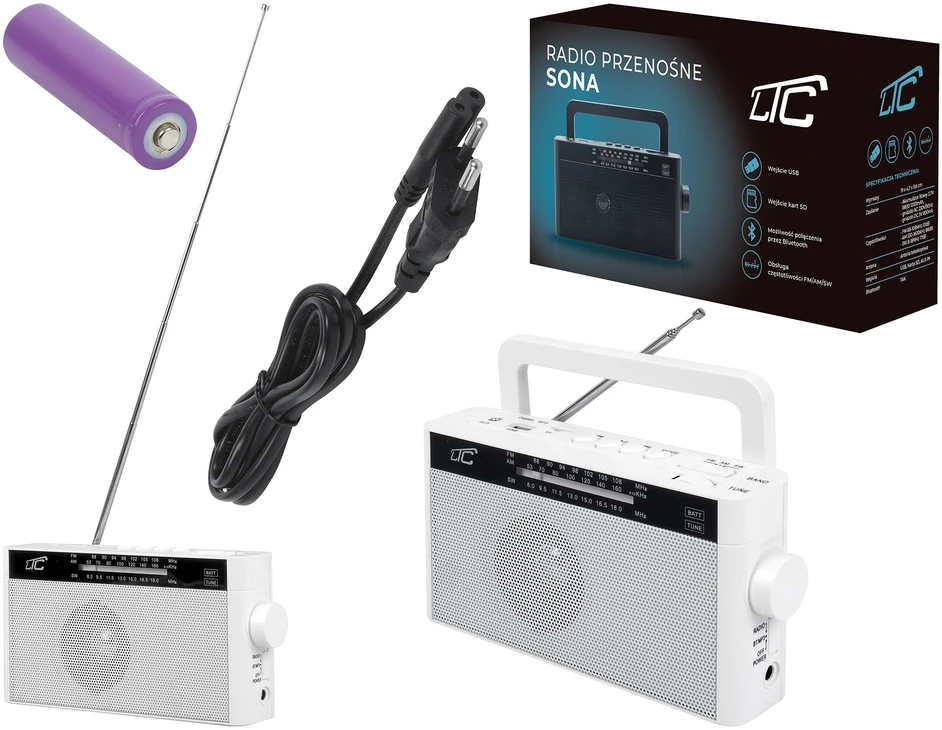 Nešiojamas radijas LTC Sona su Bluetooth USB, TF, balta BRM