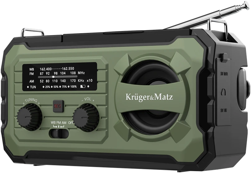 Kruger & Matz Saulės energija varomas radijas, nešiojamas SOS avarinis radijas, 10000 mAh išorinė baterija, žibintuvėlis, dinamo, KrugerMatz