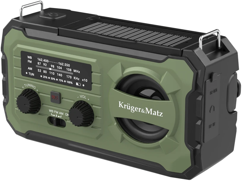 Kruger & Matz Saulės energija varomas radijas, nešiojamas SOS avarinis radijas, 10000 mAh išorinė baterija, žibintuvėlis, dinamo, KrugerMatz