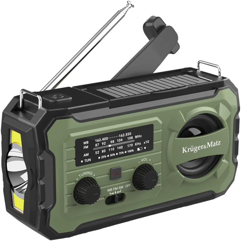 Kruger & Matz Saulės energija varomas radijas, nešiojamas SOS avarinis radijas, 10000 mAh išorinė baterija, žibintuvėlis, dinamo, KrugerMatz