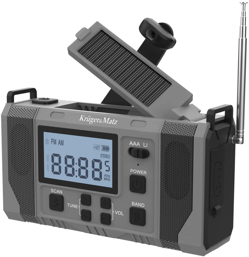 Kruger & Matz Saulės energija varomas radijas, nešiojamas SOS avarinis radijas, 10000 mAh išorinė baterija, žibintuvėlis, dinamo, KrugerMatz