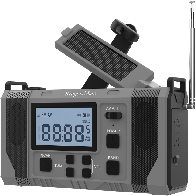 Kruger & Matz Saulės energija varomas radijas, nešiojamas SOS avarinis radijas, 10000 mAh išorinė baterija, žibintuvėlis, dinamo, KrugerMatz