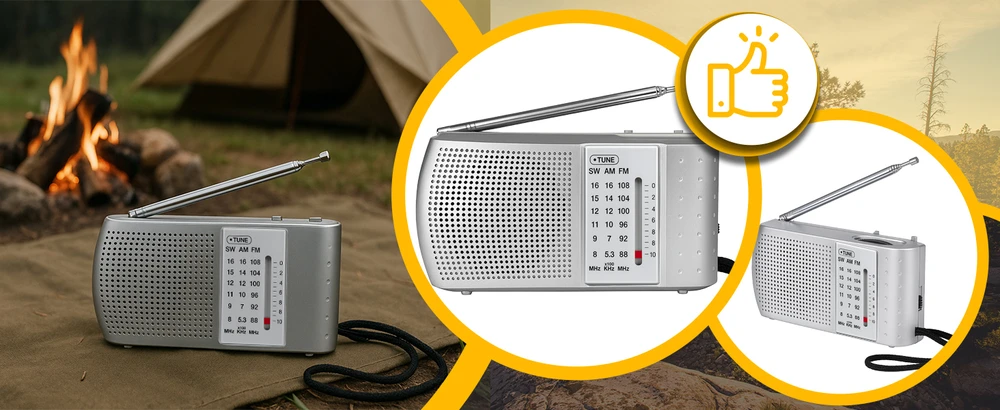 Retoo Radio Virtuvės radijas su baterijomis, nešiojamas, mažas, su FM AM SW antena, sidabrinės konstrukcijos - ER1070
