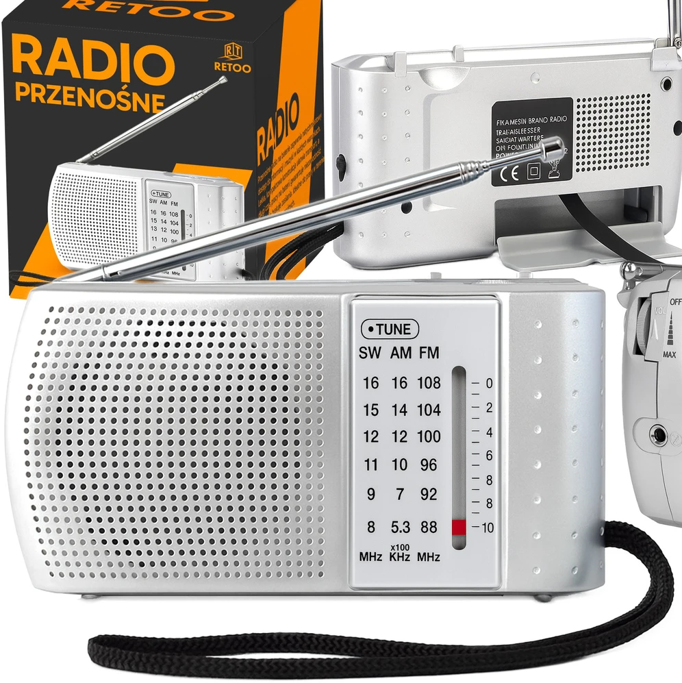 Retoo Radio Virtuvės radijas su baterijomis, nešiojamas, mažas, su FM AM SW antena, sidabrinės konstrukcijos - ER1070