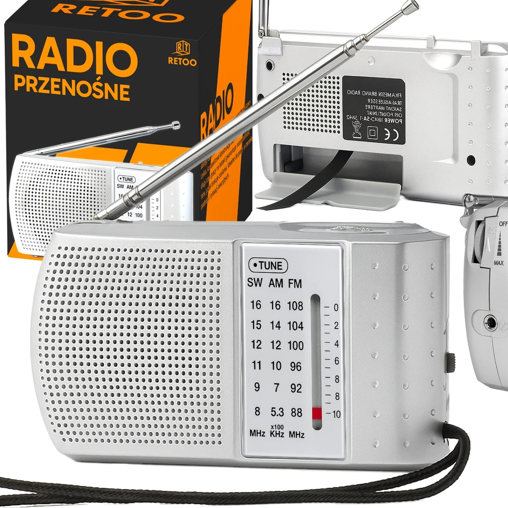 Retoo Radio Virtuvės radijas su baterijomis, nešiojamas, mažas, su FM AM SW antena, sidabrinės konstrukcijos - ER1070