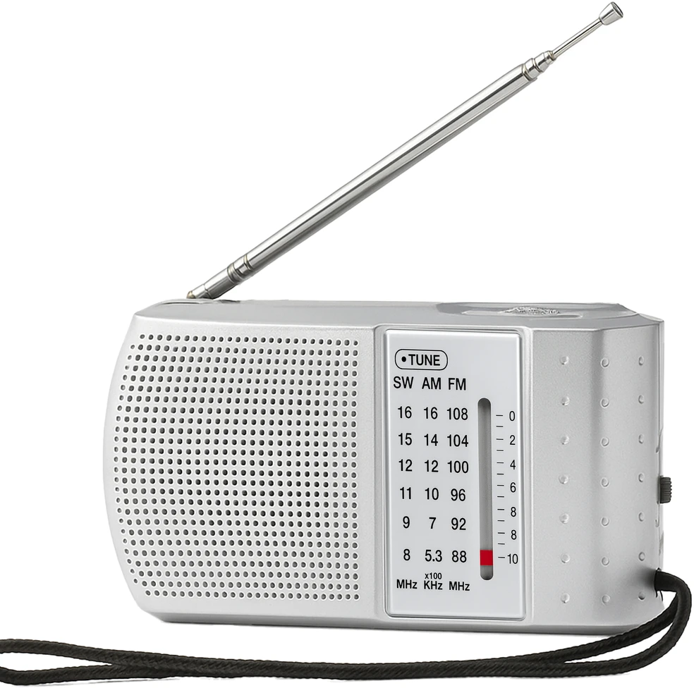 Retoo Radio Virtuvės radijas su baterijomis, nešiojamas, mažas, su FM AM SW antena, sidabrinės konstrukcijos - ER1070