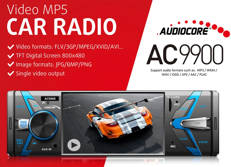 Automagnetola Nešiojamas stereofoninis automobilis AUDIOCORE AC9900 (USB, USB + AUX, USB + AUX + SD kortelės)