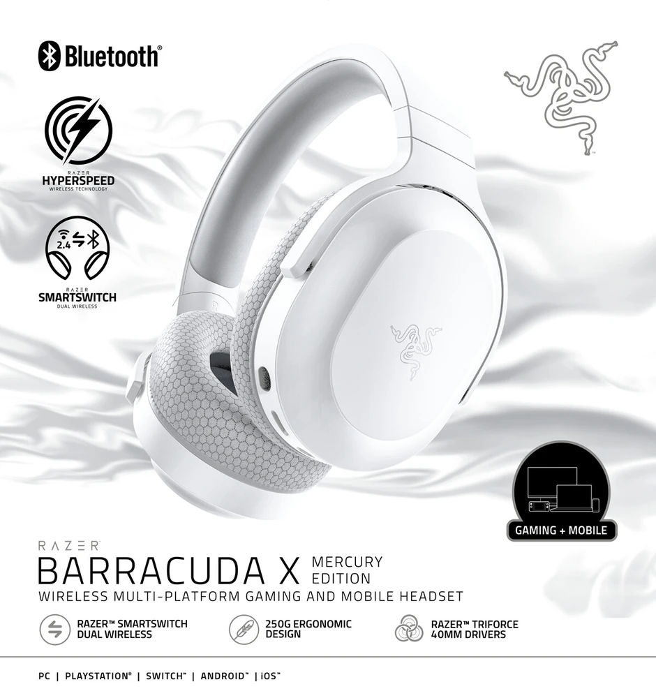 Belaidės žaidimų ausinės Razer Barracuda X Mercury, baltos spalvos