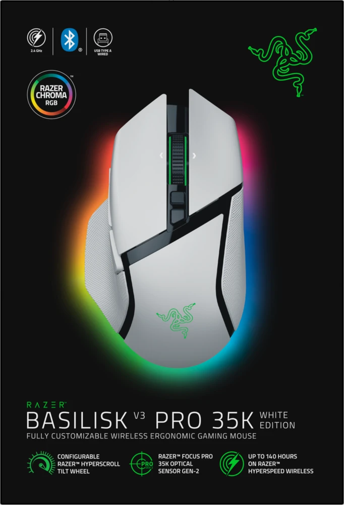 Razer | Pelė žaidimams | Basilisk V3 Pro 35K | Optinė pelė | Wireless | Baltas | Yes