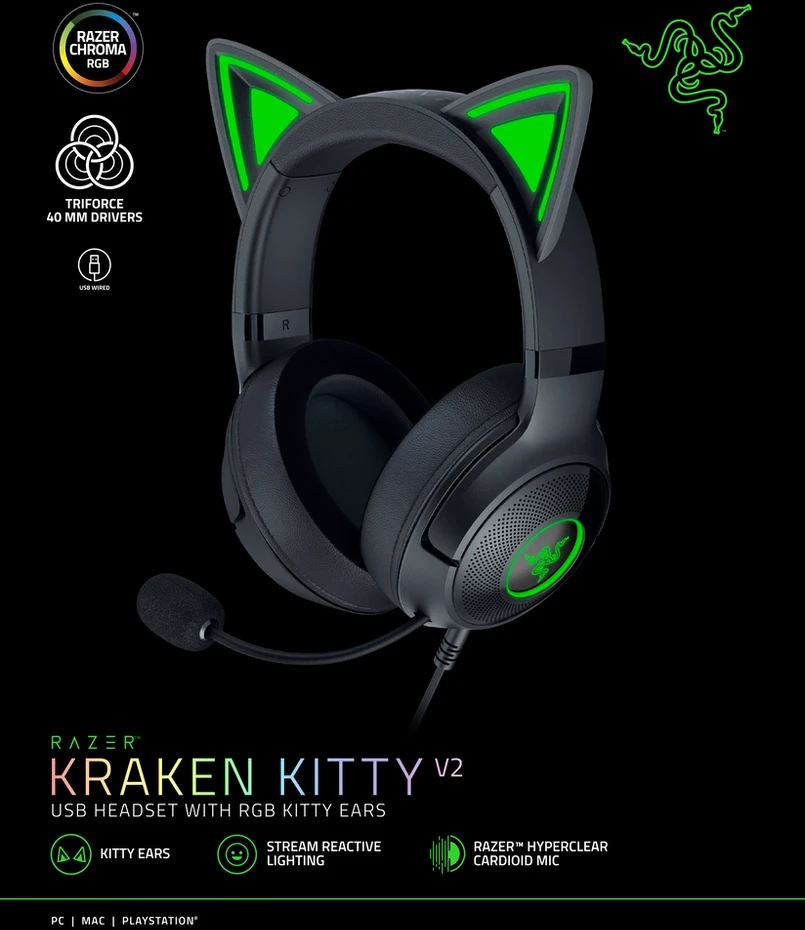 Razer | Ausinės | Kraken Kitty V2 | Yes | su laidu | Ant ausų uždedamos | USB Type A | Juodas