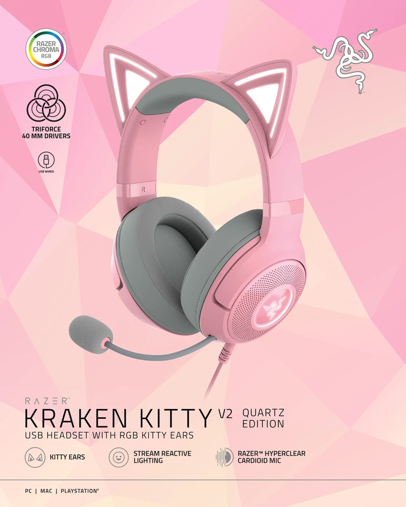 Razer Kraken Kitty V2 žaidimų ausinės, su laidu, mikrofonu, Rožinės spalvos