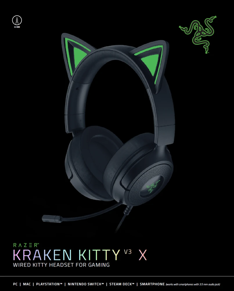 Razer Ausinės Žaidimams | Kraken Kitty V3 X | su laidu | Over-Ear | Mikrofonas | Juodas