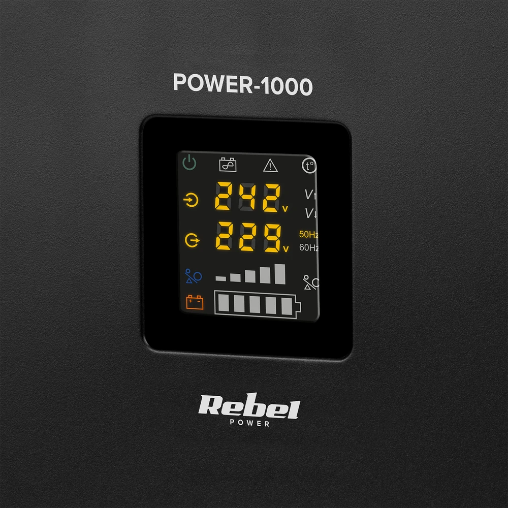 Rebel POWER-1000 Sieninis avarinis maitinimo šaltinis – grynos sinusinės bangos keitiklis su įkrovimo funkcija 12V 230V 1000VA 700W