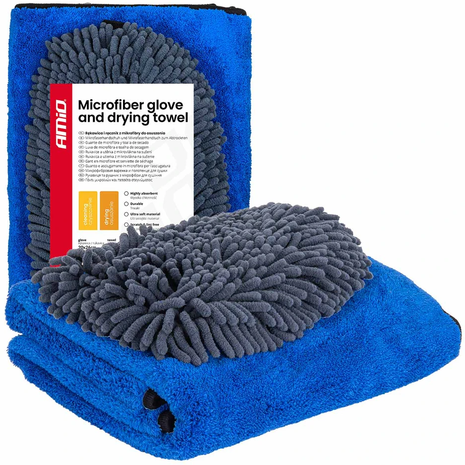 Mikropluošto plovimo pirštinė ir džiovinimo rankšluostis automobiliui 94 / 800 GSM, 20×26 cm / 60×90 cm – AMIO-04489