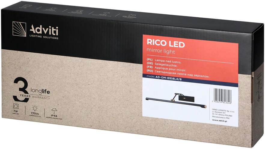 Sieninis šviestuvas Orno RICO LED 7W, veidrodinis šviestuvas, 770lm, 4000K, IP44, ilgis 40 cm, juodas
