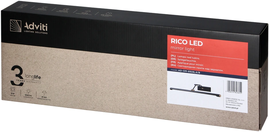 Sieninis šviestuvas Orno RICO LED 9W, veidrodinis šviestuvas, 990lm, 4000K, IP44, ilgis 50 cm, juodas