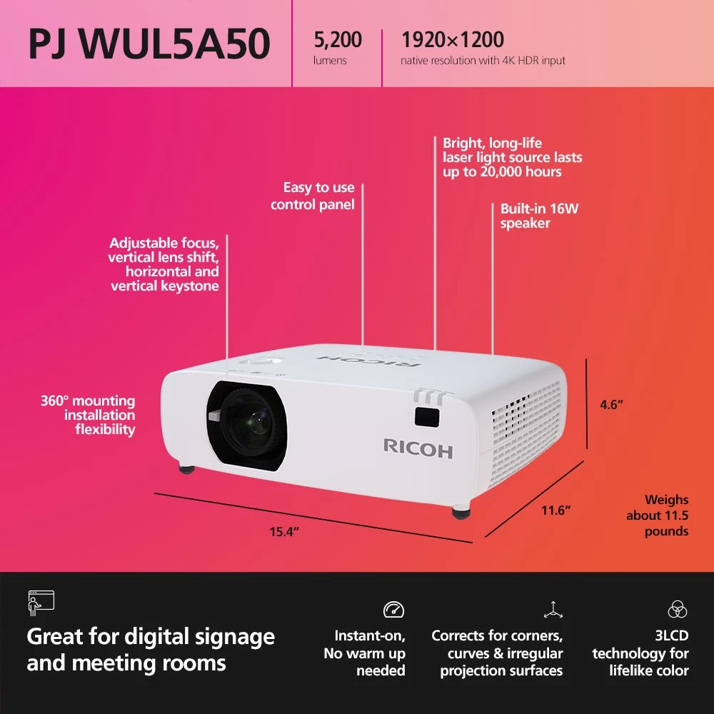 RICOH - Kompaktiškas projektorius PJ WUL5A50 30-300'' (5200 liumenų)