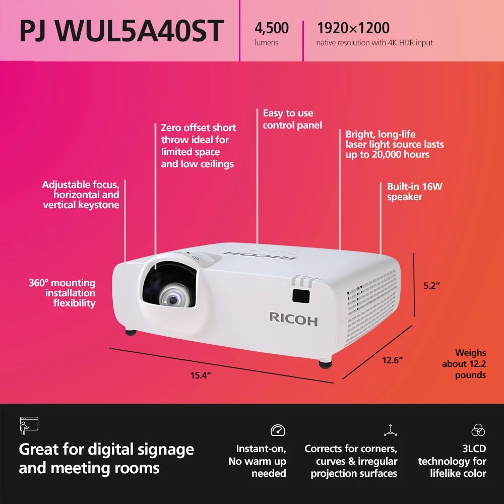 RICOH - Trumpojo nuotolio projektorius PJ WUL5A40ST 55-150'' (4500 liumenų)