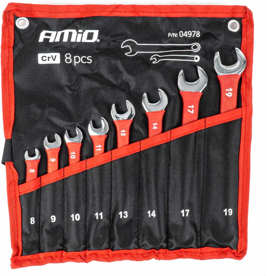 Žiedinių raktų rinkinys, 8–19 mm, CrV, 8 vnt., AMIO-04978