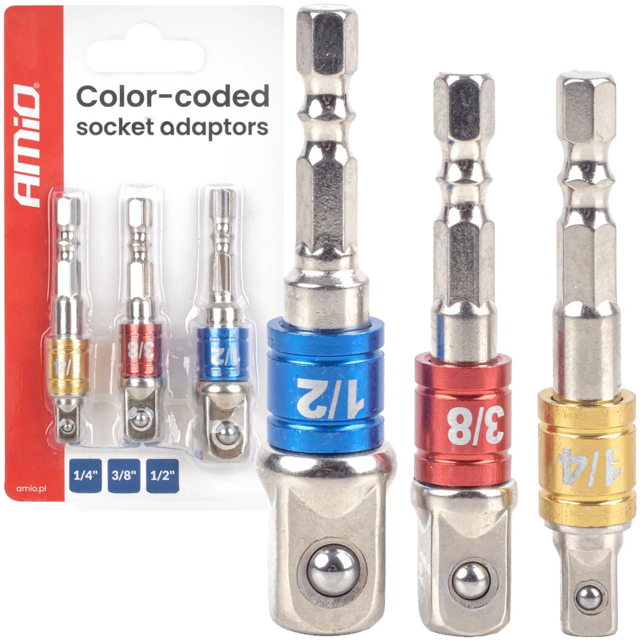 Galvučių adapterių suktuvui rinkinys, 1/4" / 3/8" / 1/2", 3 vnt., AMIO-04936