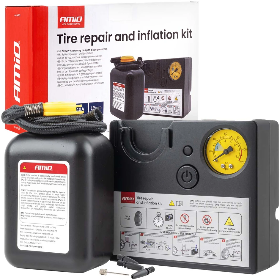Padangų remonto komplektas su kompresoriumi 19 mm 12 V amio-04929