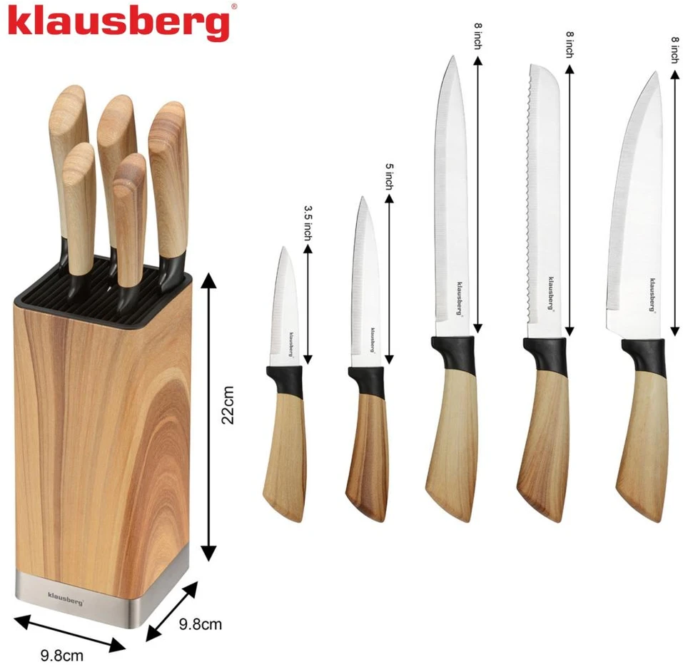 Rinkinys 6 dalių peilių rinkinys su blokeliu, nerūdijančio plieno, Klausberg, KB-9035