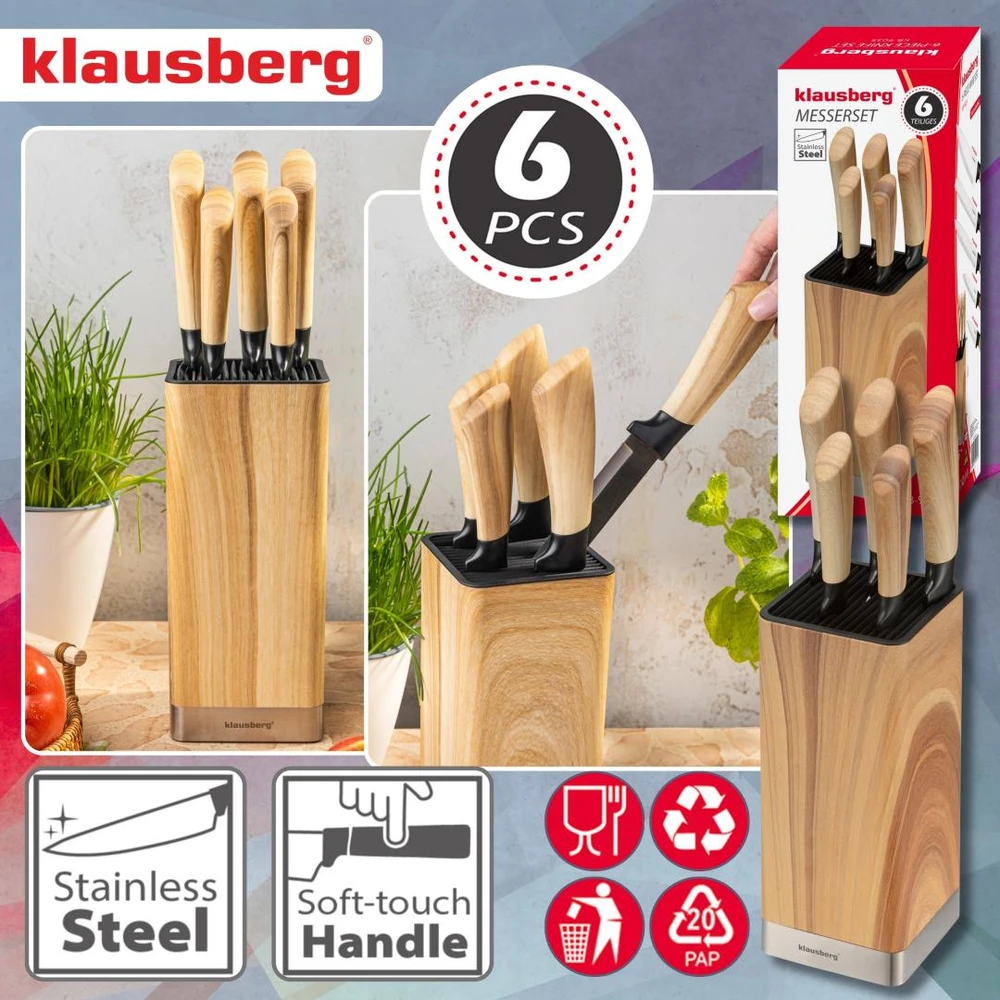 Rinkinys 6 dalių peilių rinkinys su blokeliu, nerūdijančio plieno, Klausberg, KB-9035