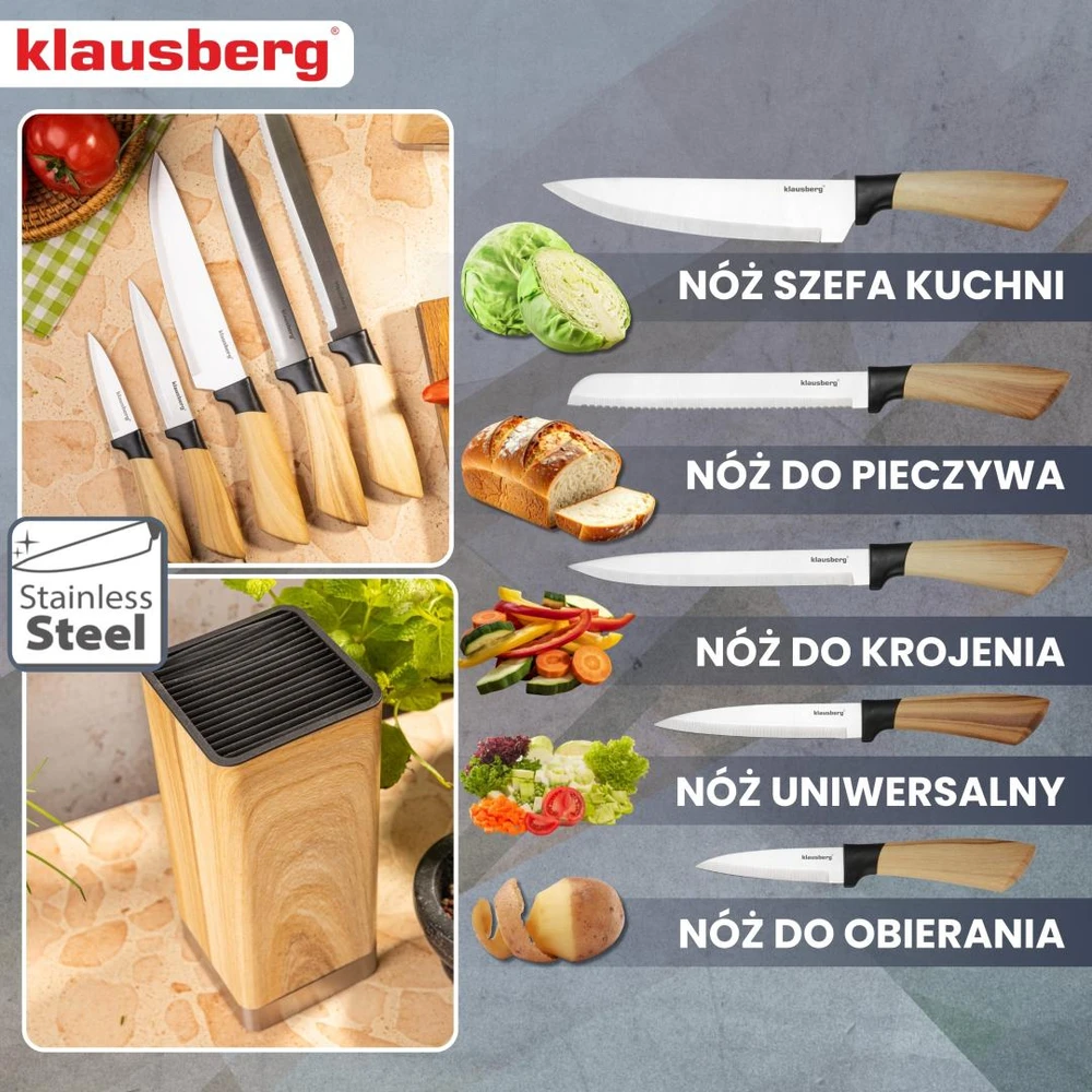 Rinkinys 6 dalių peilių rinkinys su blokeliu, nerūdijančio plieno, Klausberg, KB-9035