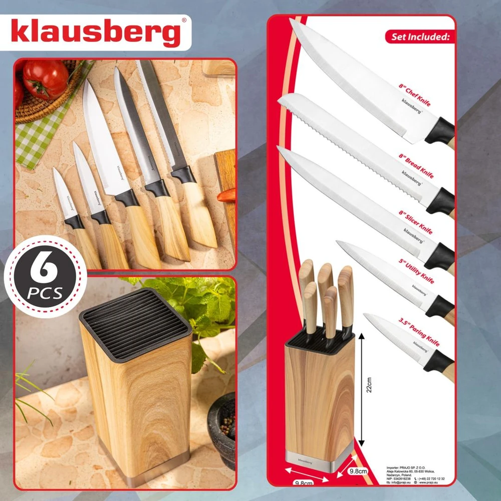 Rinkinys 6 dalių peilių rinkinys su blokeliu, nerūdijančio plieno, Klausberg, KB-9035