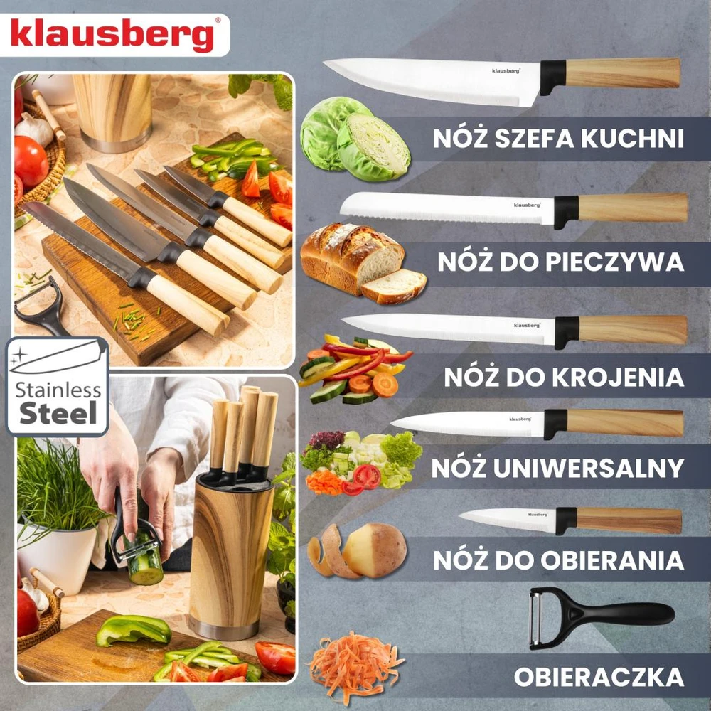 Rinkinys 7 dalių peilių rinkinys su blokeliu, nerūdijančio plieno, Klausberg, kb-9036