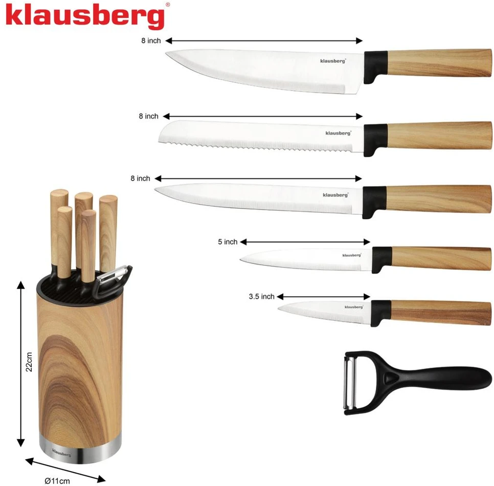 Rinkinys 7 dalių peilių rinkinys su blokeliu, nerūdijančio plieno, Klausberg, kb-9036