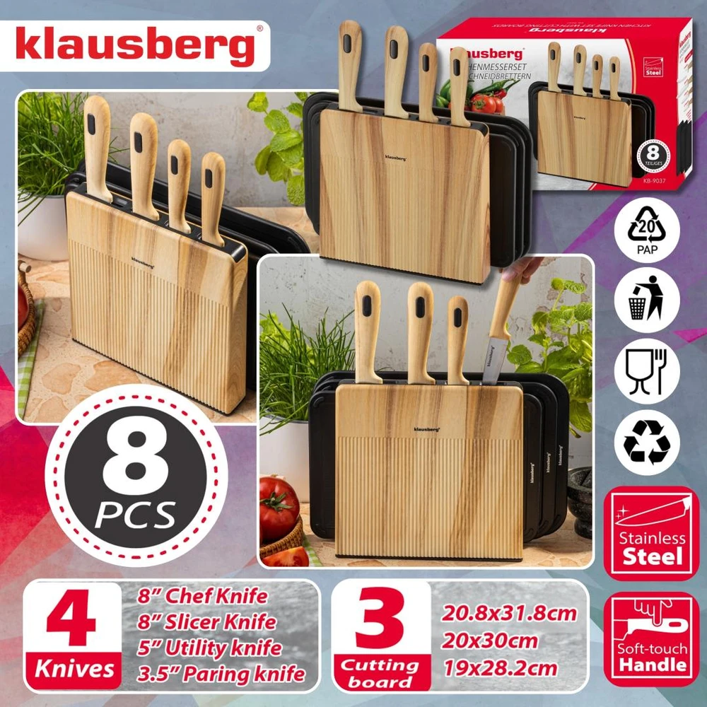 Rinkinys 8 dalių peilių ir lentelių rinkinys su organizatoriumi, medinis, nerūdijantis plienas, Klausberg, kb-9037