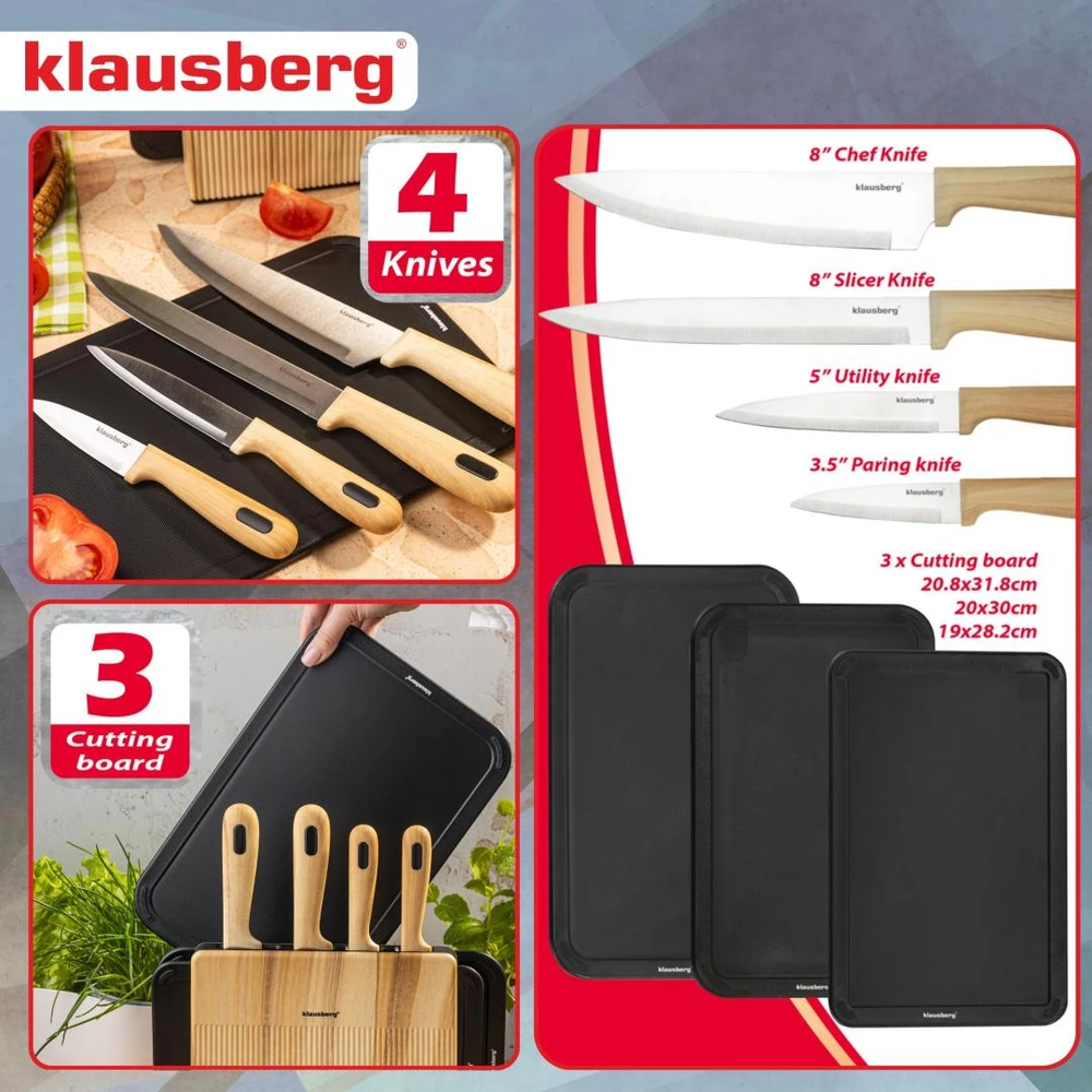 Rinkinys 8 dalių peilių ir lentelių rinkinys su organizatoriumi, medinis, nerūdijantis plienas, Klausberg, kb-9037