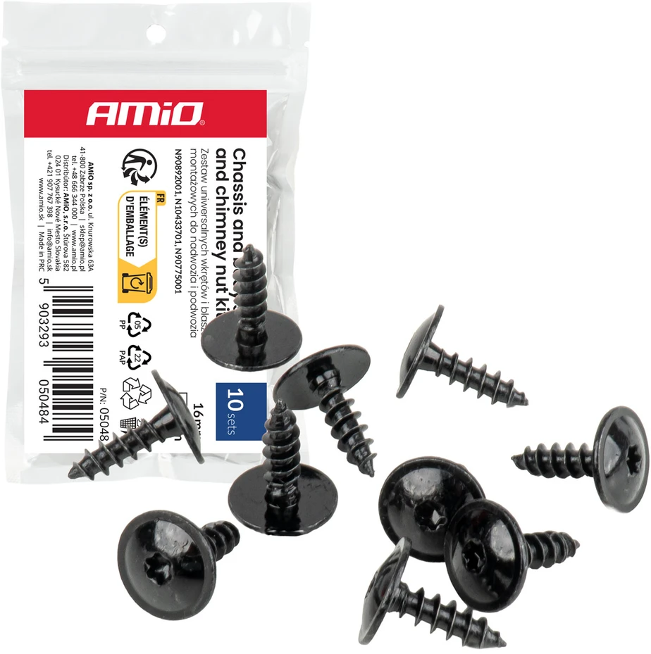 Rinkinys uniwersalnych wkrętów i blaszek montażowych do nadwozia i podwozia 16 mm ? 5 mm 10kpl amio-05048
