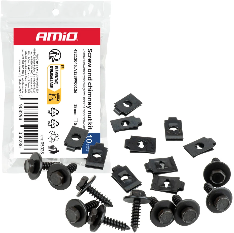 Rinkinys uniwersalnych wkrętów i blaszek montażowych 18 mm ? 5 mm 10kpl amio-05028